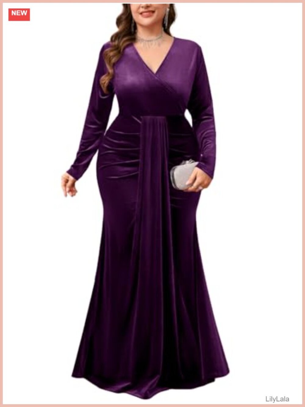 Plus Size Velvet Faux Wrap V Neck Mermaid Maxi Formal Evening Dress